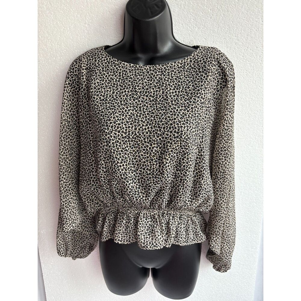 Gilli Drop Waist Leopard Animal Print Blouse Top S Classy Long Sleeve Ruffle Hem